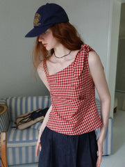 Bxoxo American Retro Plaid Tanks Women Slim Sexy Off Shoulder Camis Tanks Cute Bow Vintage Female Summer Casual Y2K Tanks Tops