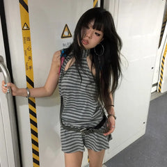 BXOXO Y2k Aesthetics Halter Dress Japanese 2000s Style Grey Striped Short Dress Vintage Harajuku Backless Mini Dress Grunge