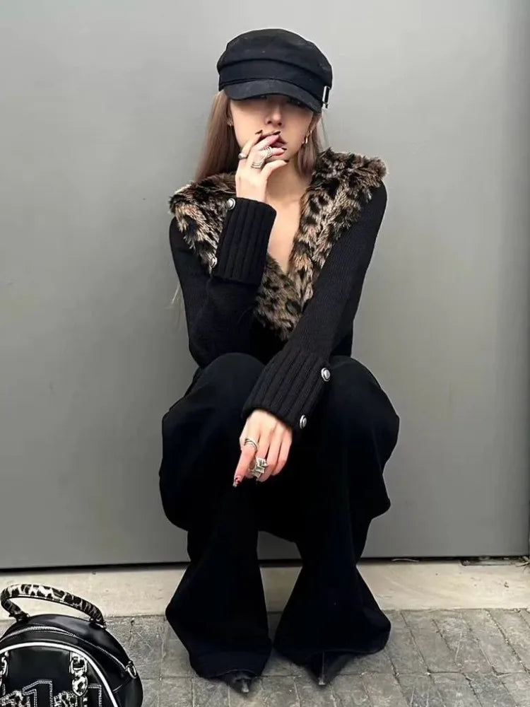 BXOXO Detachable Leopard Print Fur Collar Tops Mujer Autumn Winter New Slim Fit Sweaters Black Long Sleeve Cardigan Women