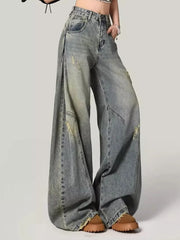 Bxoxo Women Y2K Hole Jeans Streetwear American Retro High Waist Loose Denim Pants Casual Hip Hop Vintage Pockets Lady Gothic Trousers