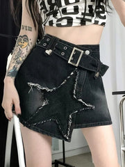 Bxoxo Vintage Star Y2K Denim Skirt Women High Waist Harajuku Belt Black Mini Skirt American Streetwear Retro Summer Gothic Skirt