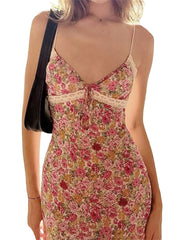 BXOXO Women Sleeveless Y2k Sexy Beach Style Camisole Dress with Flower Pattern Lace Patchwork V Neck Long Type Summer Clothing