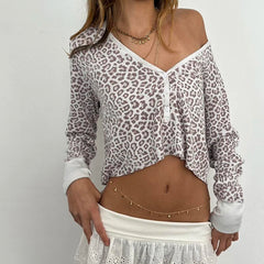 Bxoxo Retro y2k Leopard Print Cropped Top Women Autumn Casual V-neck Long Sleeve T-shirts Vintage 2000s Tees Aesthetic Harajuku