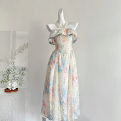 Bxoxo Sweet Fairy Tale Alice French Style Off-Shoulder Dress High Collar Full Sleeve Ankle-Length Beach Vacation Gown Quality