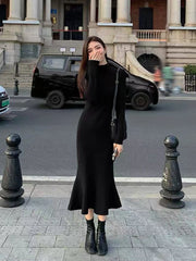 Bxoxo Fashion Turtleneck Black Midi Dress Y2K Korean Elegant Hepburn Style Slim Fishtail Dress Autumn Office Lady Long Sleeve Vestidos