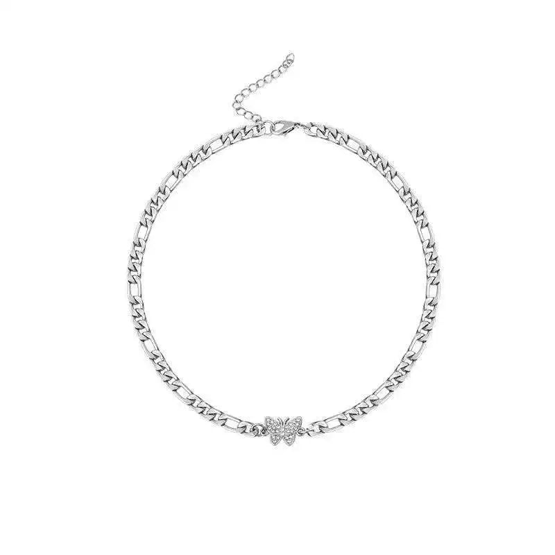 BXOXO Hip Hop Silver Color Butterfly Necklace Vintage Crystal Butterfly Thick Chain Choker Necklace For Women Rock Street Jewelry