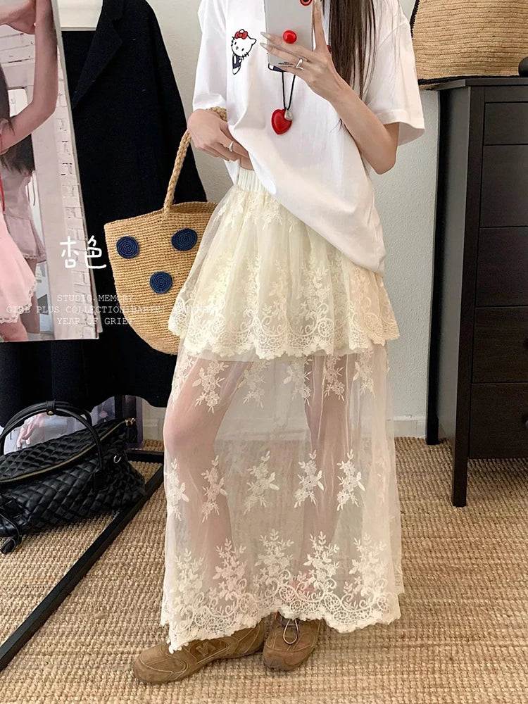Bxoxo French Elegant Lace Midi Skirts Women Summer New Chic Patchwork Mesh Y2K Female High Waist Jacquard All Match A Line Skirts
