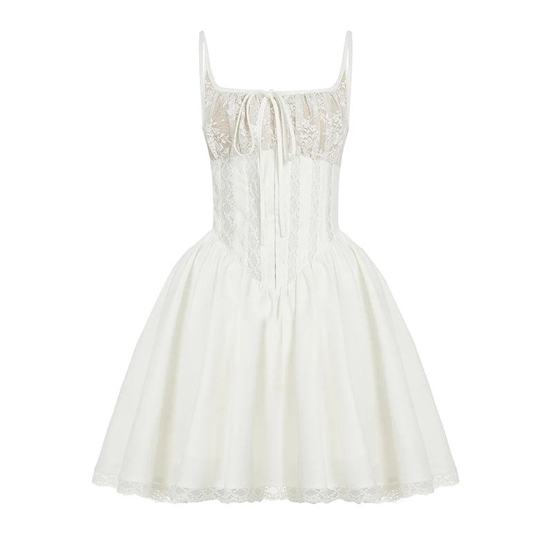 BXOXO Fashion Fairycore Lace Spliced A-Line Camisole Dresses Elegant Sold Sheer New Trendy Women Frocks