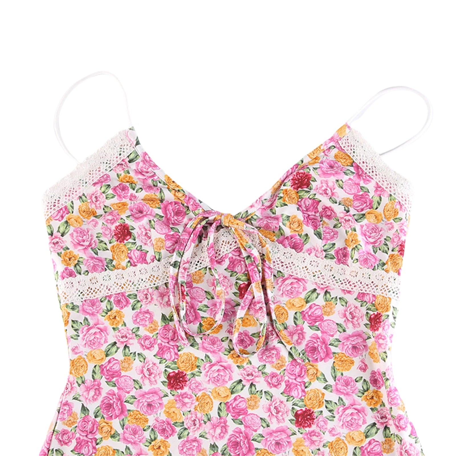 BXOXO Women Sleeveless Y2k Sexy Beach Style Camisole Dress with Flower Pattern Lace Patchwork V Neck Long Type Summer Clothing