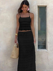 BXOXO Vacation Mesh See Through 2 Piece Set Women Halter Lace-Up Backless Crop Tops+Loose Elegant Long Skirts Trend Outfits