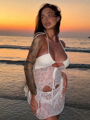 Mozision See Through Lace Hollow Out Sexy Two Piece Sets Women Halter Crop Tops And Mini Skirt Female Beach Club Skirt Sets