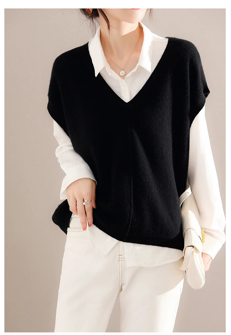 Bxoxo Cashmere Vest Ladies New 100%Pure Wool Knit Waistcoat Spring V-Neck Large Size Sweater Wild Sleeveless Vest Solid Loose Top