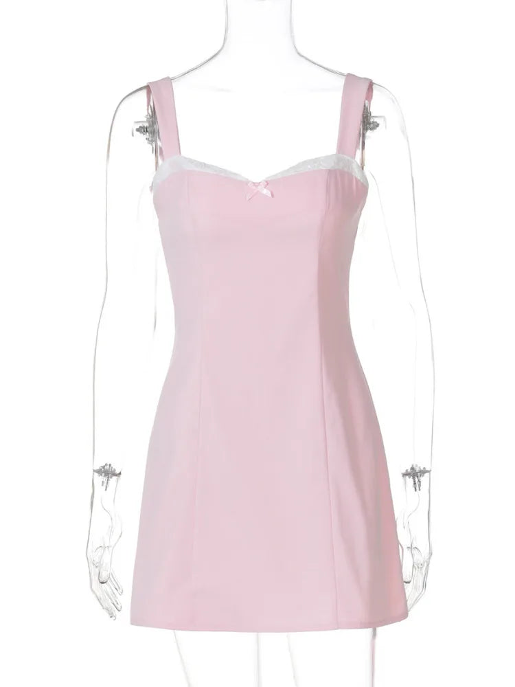 BXOXO Patchwork Lace Sexy Mini Dress For Women Robe Pink Contrast Color Sleeveless Backless High Waist A-line Club Dress