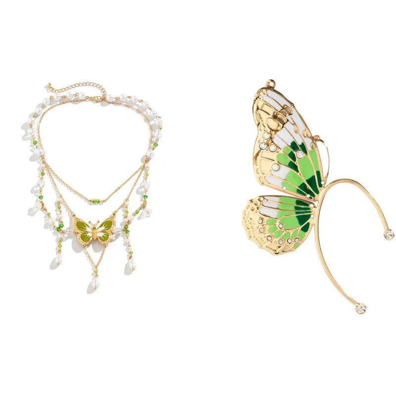 BXOXO 2Pcs Kpop Multilayer Lovely Butterfly Pendant Tassel Necklace Clip Earrings for Women Wed Bridal Exquisite Chain Y2K Jewelry Set