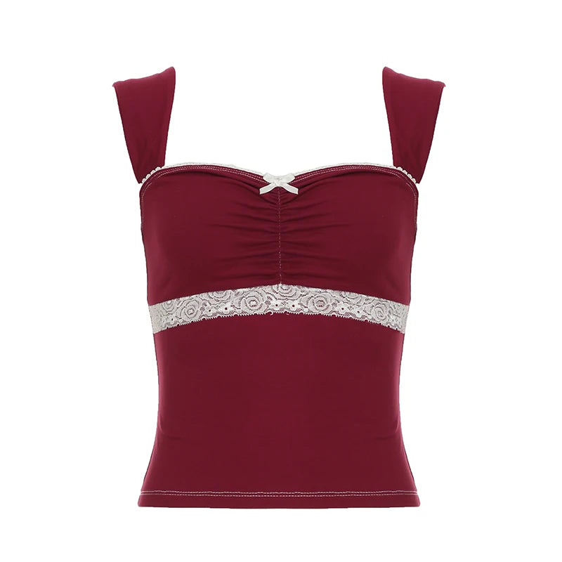 BXOXO Vintage 90s Red Square Collar Crop Top Cute Bow Stitching Sleeveless Skinny T-shirt Women Harajuku y2k Tees Summer Casual