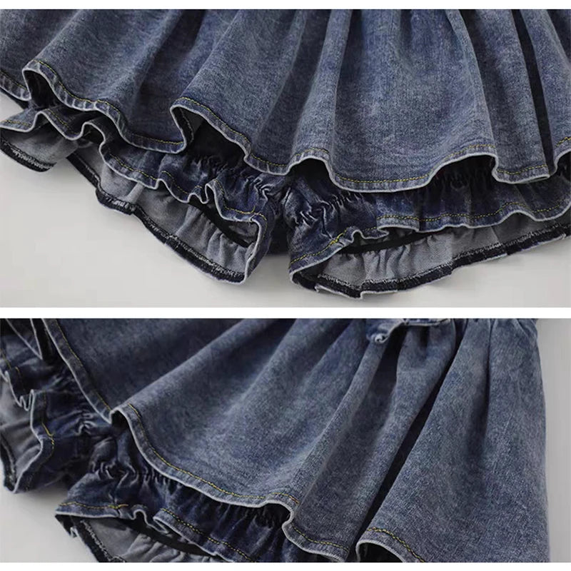 Bxoxo Y2k Bow Denim Skirt with shorts Kawaii Women Vintage Gyaru Ruffle Low Waist Sexy Pleated Mini Skirts Summer Streetwear