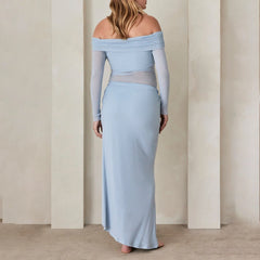 BXOXO Women's Bodycon Maternity Dress Off Shoulder Long Sleeve Solid Color Mesh See Through Pregnancy Dress High Split Dress