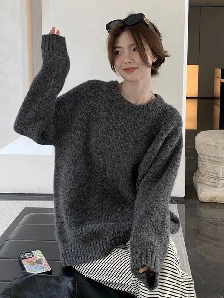 Bxoxo Streetwear Loose Gray Sweaters Women Long Sleeve Vintage Simple Knitted Pullover Korean Fall O Neck Female Retro Jumpers