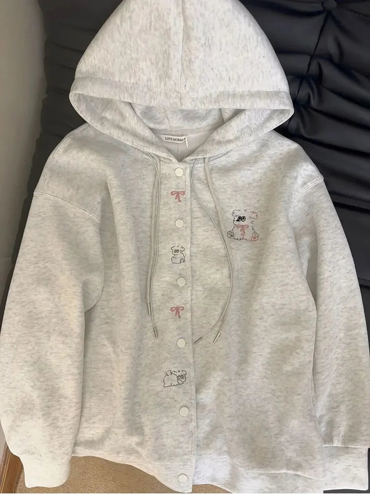 Bxoxo Cartoon Embroidery Cute Hoodies Women Vintage Oversize Loose Long Sleeve Sweatshirts Preppy Style Kawaii Japan Lady Outwear Tops
