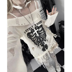 BXOXO Off Shoulder Hole Sweaters Women 2025 Autumn New Sphenoid Print Tops Y2k E-Girl Long Sleeve Hollow Out Pullovers
