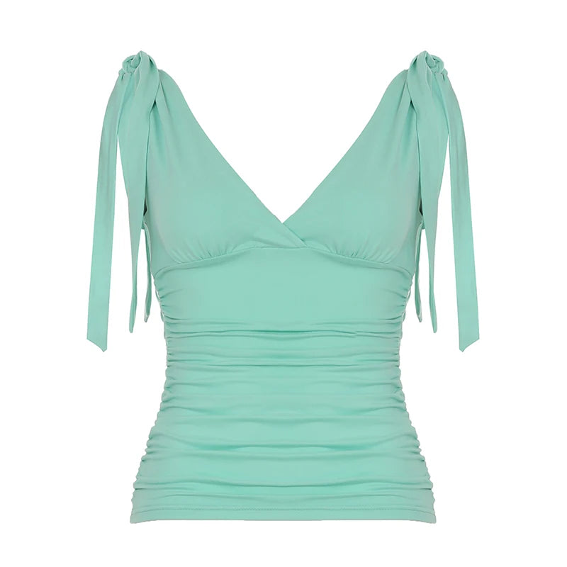 Bxoxo Elegant Ladies Solid Tank Top Vintage 2000s Folds V-neck Sleeveless Skinny Knitted Crop Tops Women Casual Summer Tees y2k