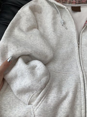 Bxoxo Retro Patchwork Plaid Gray Hoodie Women Autumn Zipper Cardigan Tops Versatile Loose Casual Outerwear Female