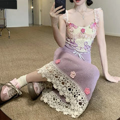 BXOXO Heavy-Work Knitted Purple Strap Dress Women's French Vintage Design Sensation Beauty Flower Banquet Empire Waist Gown