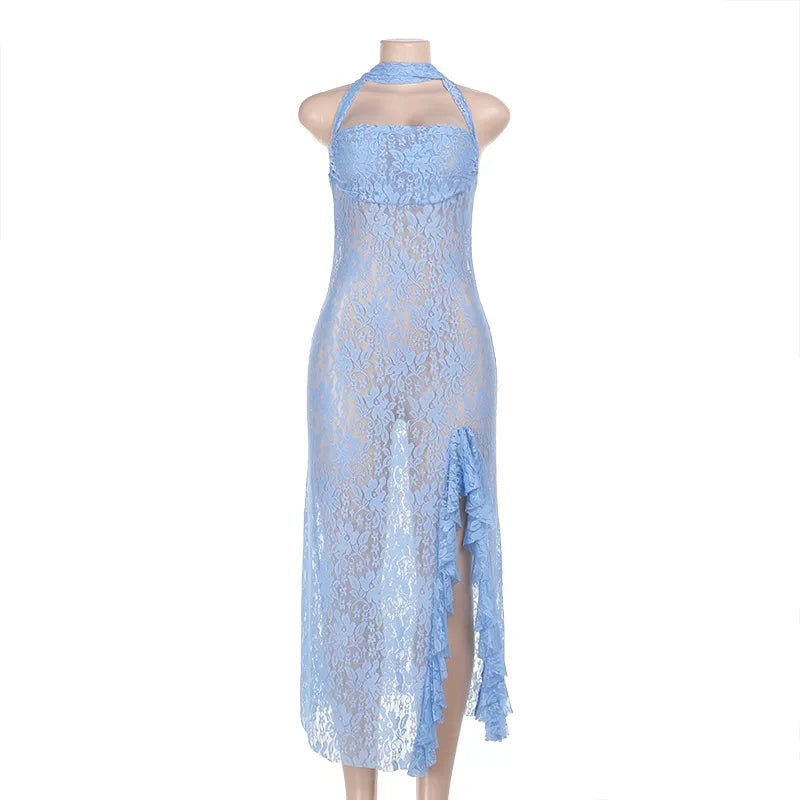 BXOXO Sexy Women Halter Neck Lace Dress Casual Summer Sheer Backless Split Ruffles Party Dress for Beach Club Streetwear