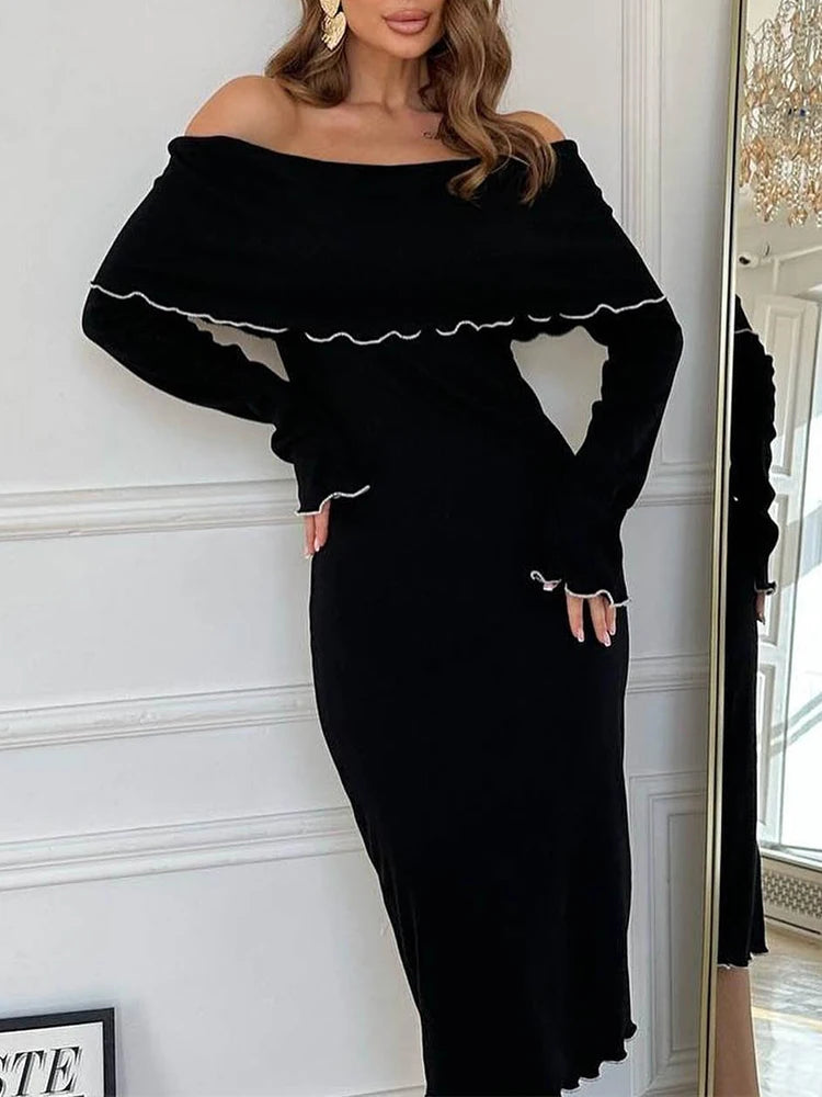 BXOXO Autumn Black Dress For Women New Long Sleeves Slash neck Bodycon Fashion Sexy Stralght Dress Casual Party Club Elegant Dresses