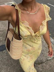 BXOXO Yellow Summer Print Camisole Dresses Slim Fit Elegant Fairycore Fashion Trendy Causal Holiday Style Clothes