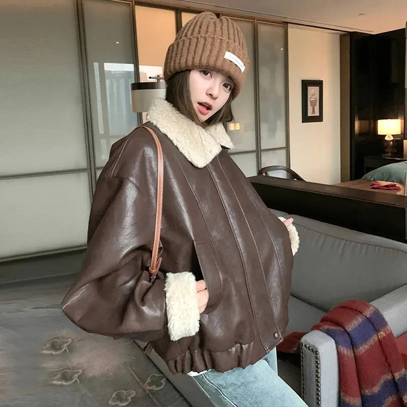 Bxoxo American Retro Pu Leather Jacket Women Y2K Streetwear Loose Lapel Motorcycle Coats Bf Winter Thick Lamb Warm Outwear New