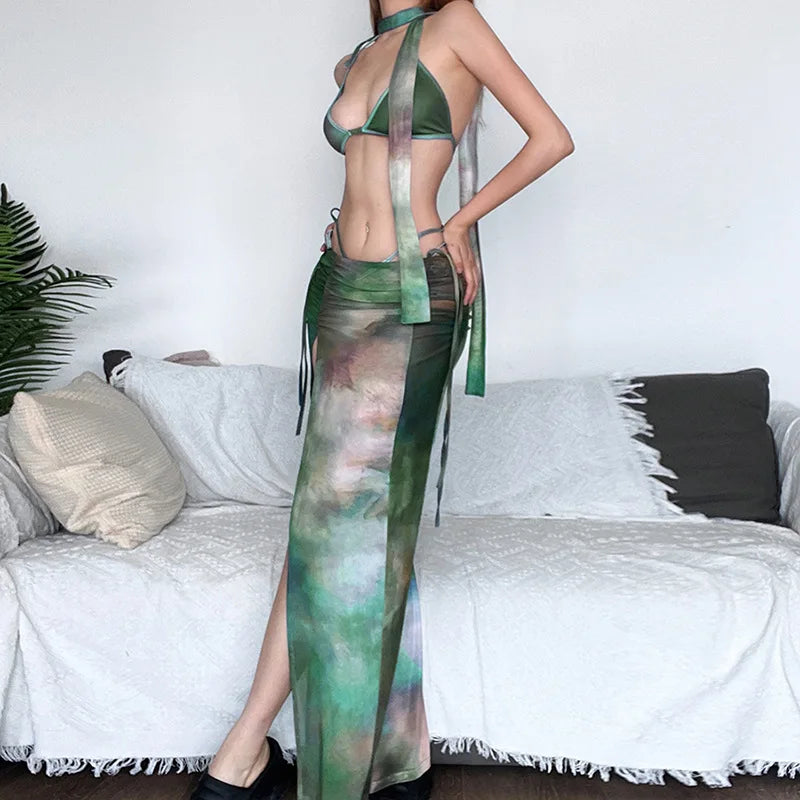 BXOXO Summer Fashiontie Tie-dye Printed Long Dresses Bikini Set Beach Wear Bra Briefs Scard with Long Slit Skirt Bathing Suit Swimsuit