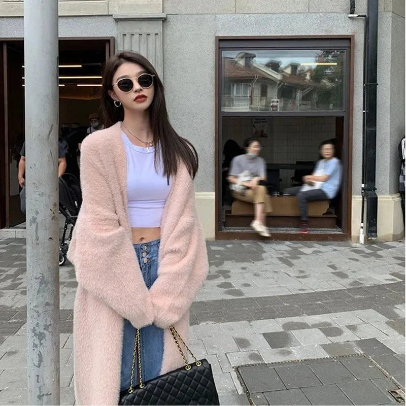 Bxoxo New Imitation Mink Coat Slimming Autumn And Winter Loose Fitting Long Sweater Thickened Lazy Knitted Cardigan Jacket White