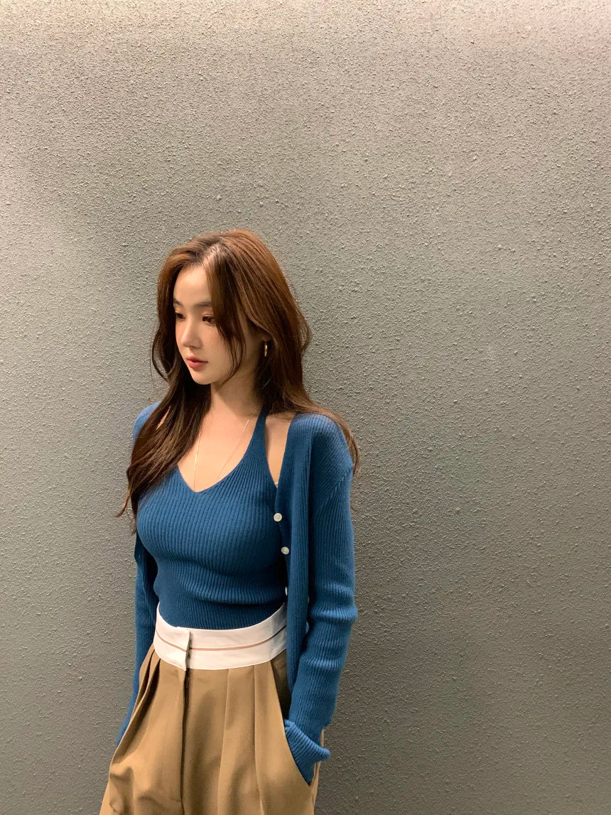 Bxoxo Chic Autumn New Vintage V-Ne Knitted Vest And Ele Sweater Cardigan Two-Piece Set Polyester Fiber Commute Sle