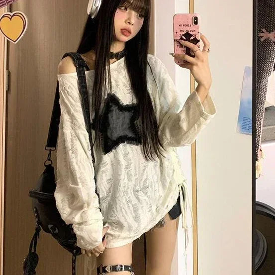 BXOXO Grunge Hole T-shirt Women Fashion Star Print Y2k Aesthetic Loose Tees Kpop Fairycore Ripped Tshirt Harajuku Gothic Streetwear