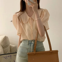Bxoxo Chic Summer Versatile Simple Doll Collar Bubble Sve Single Button Loose ort Sve irt Women's Faion Casual Polyeste...