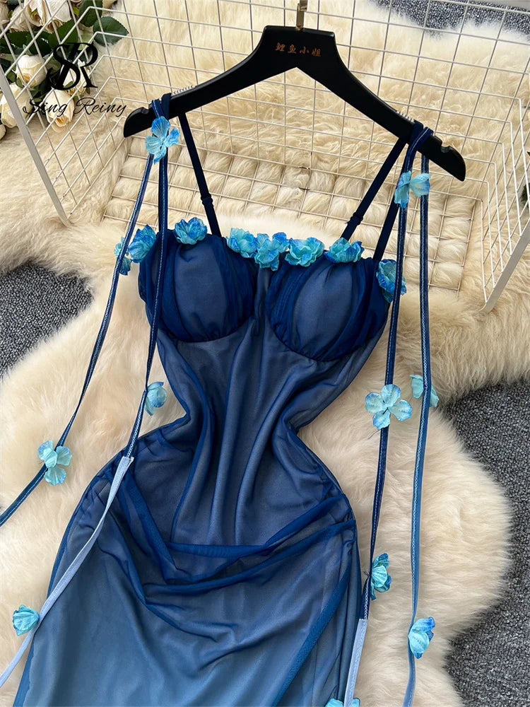 BXOXO Spaghetti Strap Mesh Beach Dress Female 3D Floral Backless Maxi Sundress Holiday Gradient Mermaid Long Party Dress