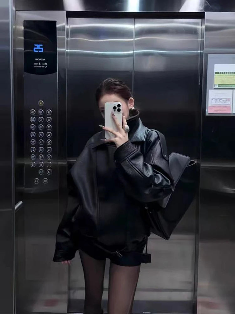 Bxoxo Black Pu Leather Coats Women Y2K Fashion Streetwear Loose Motorcycle Jacket Autumn American Female Lapel All Match Outwear