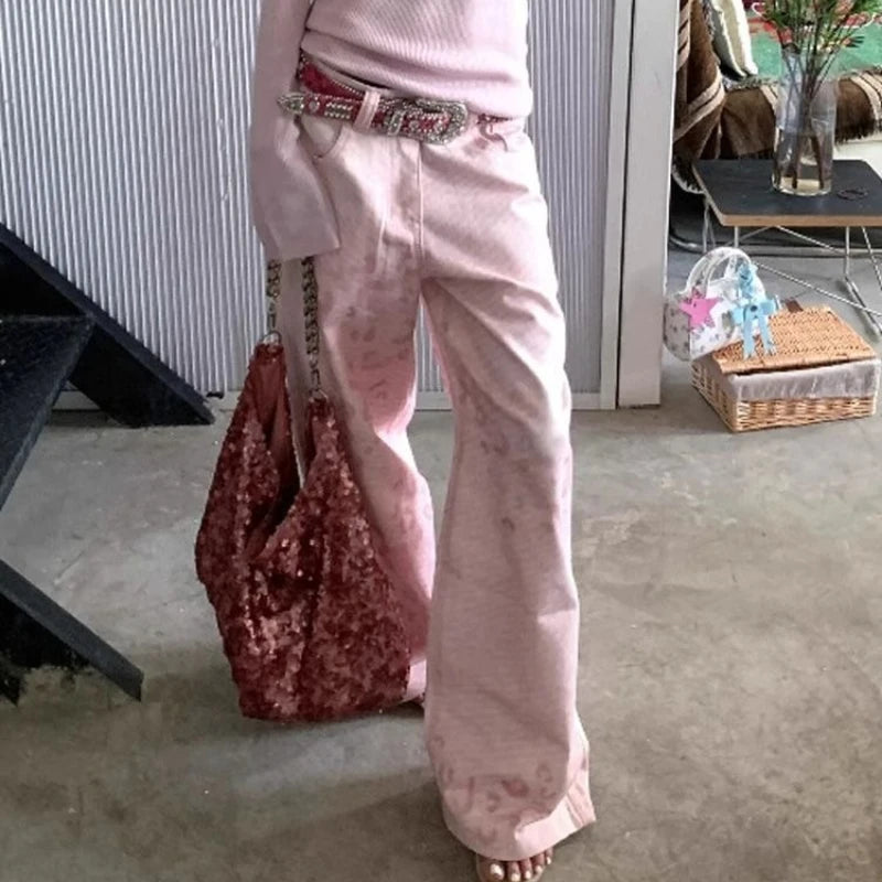 Bxoxo Pink Vintage Leopard Women Jeans Wide Leg American Retro Denim Pants Baggy High Waist Animal Print Trousers Gyaru New