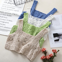 BXOXO Square Collar Cotton Crochet Tank Top Sexy Knitted Hollow Out Mesh Vest Crop Top Women Femme Vintage Backless Short Tops Female