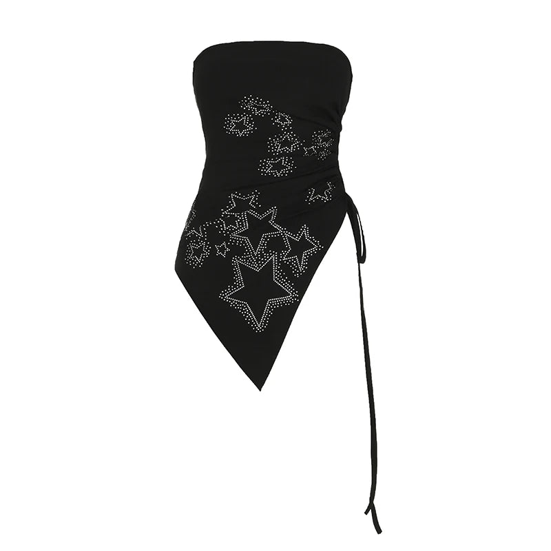 BXOXO Star-shaped Rhinestone Slit Crop Top Asymmetric Drawstring Lace-up Strapless Tube Tops for Women y2k Aesthetic Summer Tee