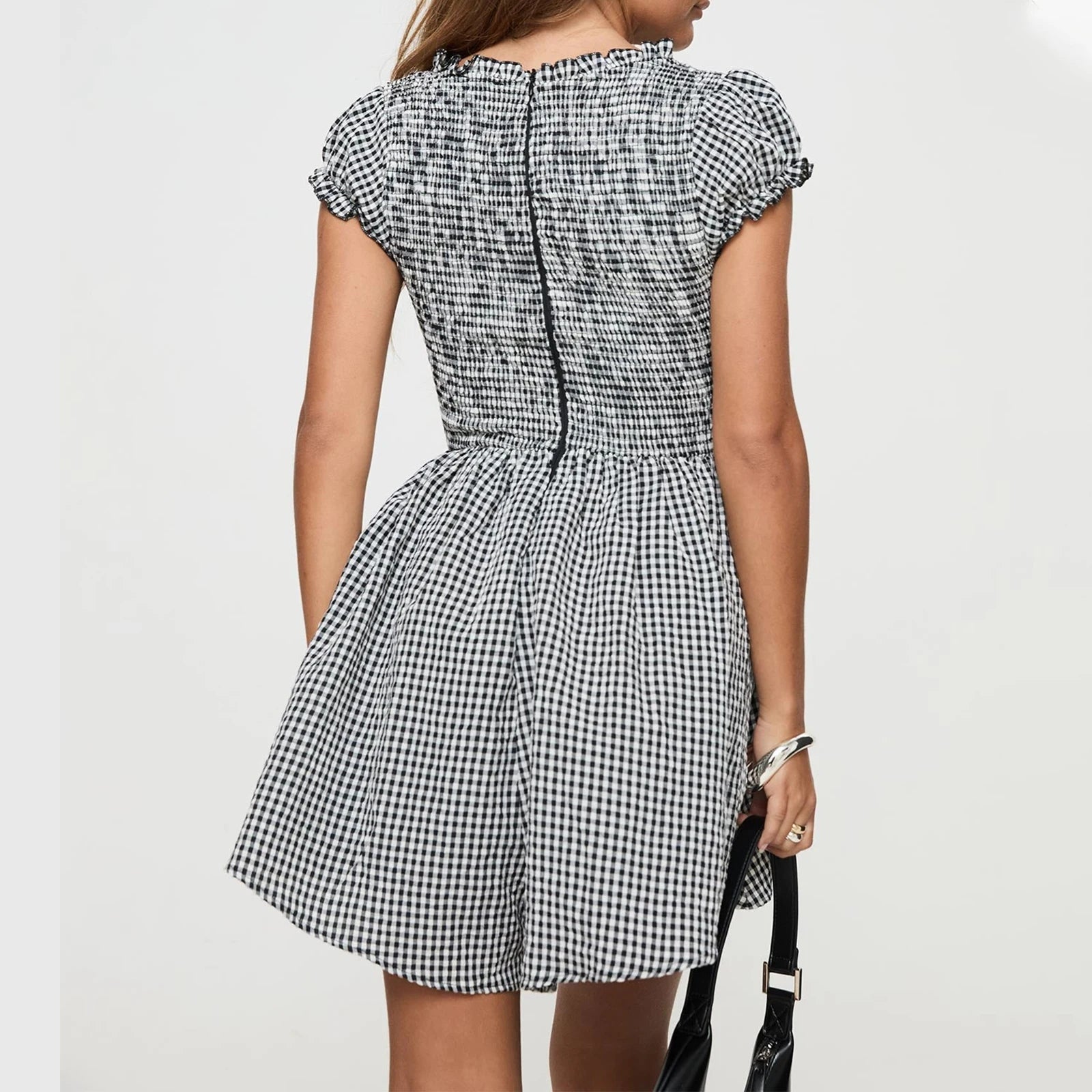 BXOXO Women Y2k Gingham Playsuit Short Sleeve Smocked Babydoll Bodysuit Rompers Flowy A-Line Club Dress Retro Streetwear
