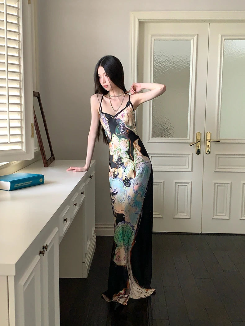 Bxoxo Ocean Flowers Backless Long Mermaid Dress For Woman Summer 2025 V Neck Midi Slip Dress Evening Party Clothes