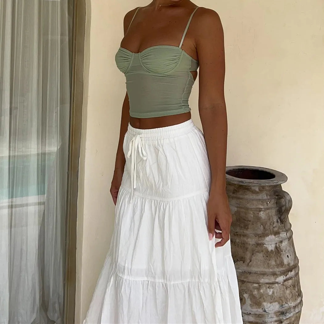 BXOXO Women Boho Long Skirt Y2k Elastic High Waist Ruffle Pleated Swing Maxi Skirt Casual Tiered Prairie Flowy Aline Skirt