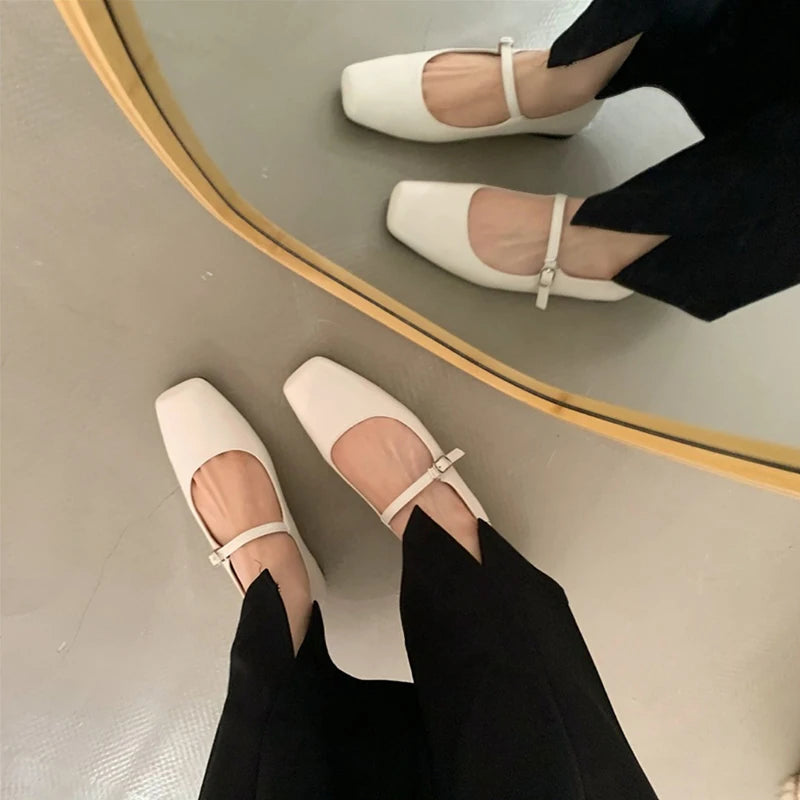 BXOXO Antumn Square Toe Ballet Shoes Fashion Low Heel Mary Jane Shoes Casaul Silver Shallow Buckle Soft Sole Shoes Zapatos De Mujer