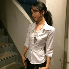BXOXO Korean Style Casual Shirt Women Three Quarter Striped Shirts 2000s Japanese Y2k Vintage Tops Slim Retro Shirts Summer