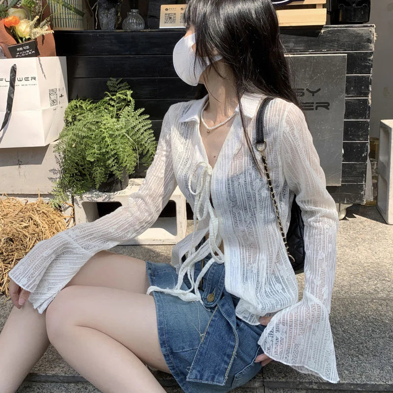 Bxoxo Women Streetwear Shirts Fashion Lace Up Long Sleeve Blouse Korean Y2K Casual Female Loose Sun Protection Shirts Spring New
