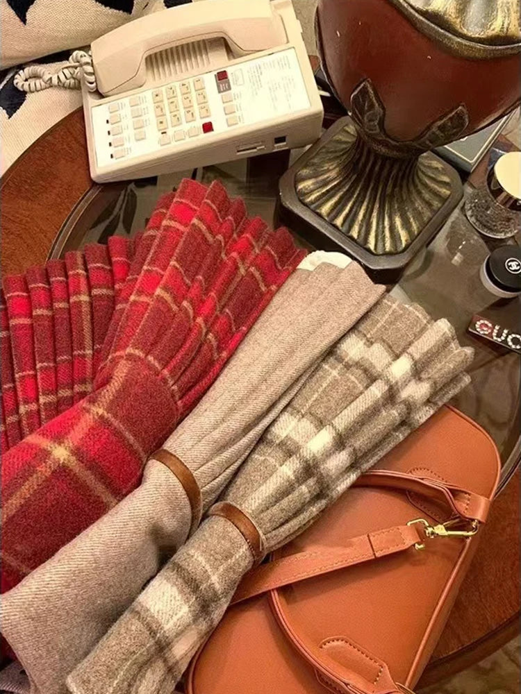 Bxoxo Vintage Plaid Pleated Skirts Women Y2K Autumn Winter Preppy Faux Woolen Mini Skirts Female High Waist Sweet Blended Skirts New