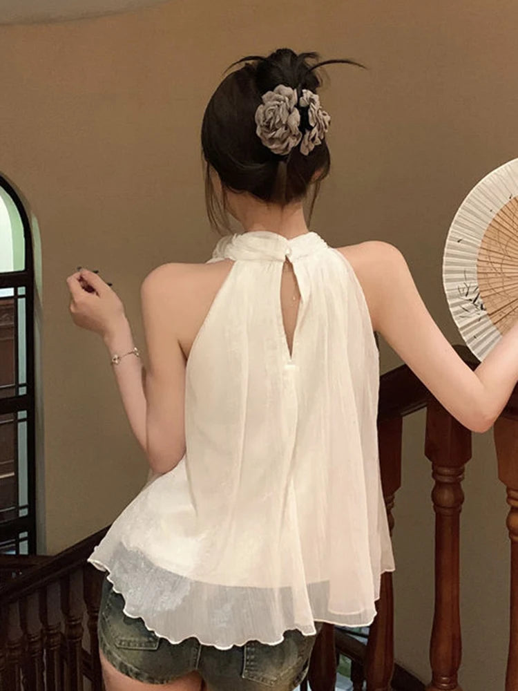Bxoxo 3D Floral White Mesh Tanks Women Loose Elegant Sweet Halter Tanks Casual Fashion Female Summer Korean Sleeveless Chic Tops