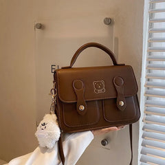 BXOXO Vintage Bear Print Handbags for Women Trendyol Cute Shoulder Bag Elegant Academy Japanese All-match Messenger Bag